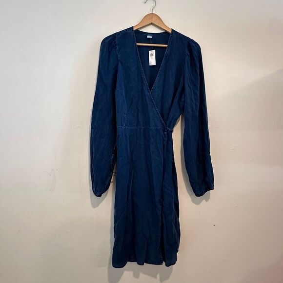 NWT Old Navy Women’s Soft Lyocell Puff Sleeve Jean Mini Wrap Dress Size Large Ta - Picture 2 of 6
